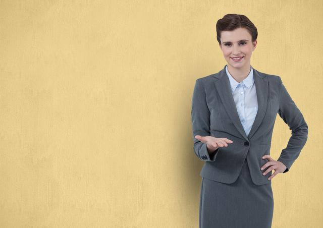 Digital composite of Confident businesswoman gesturing over beige background