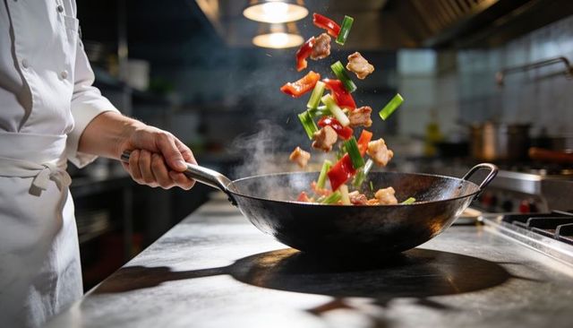 Chef flipping wok tossing vibrant stir-fry chicken, red peppers, scallions in kitchen
