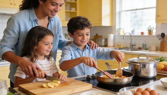 Parent guiding children cooking together in sunlit kitchen, stirring eggs, chopping fruit