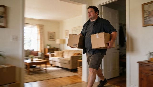 Man carrying moving boxes through doorway into cozy living room during home relocation