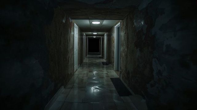 Moody Abandoned Basement Hallway with Water and Peeling Walls