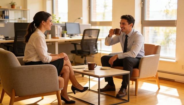 Business Colleagues Chatting and Drinking Coffee in Modern Office Lounge