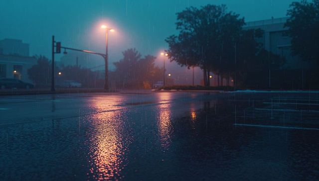 Moody Rainy Night with Reflective Street Scene