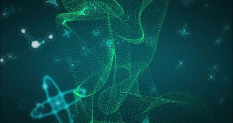 Flowing Turquoise Particle Network with Luminous Dotted Ribbon and Cyan Node Clusters