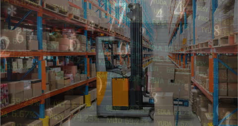 Forklift Navigating Warehouse Aisle Amidst Digital Overlay Tech