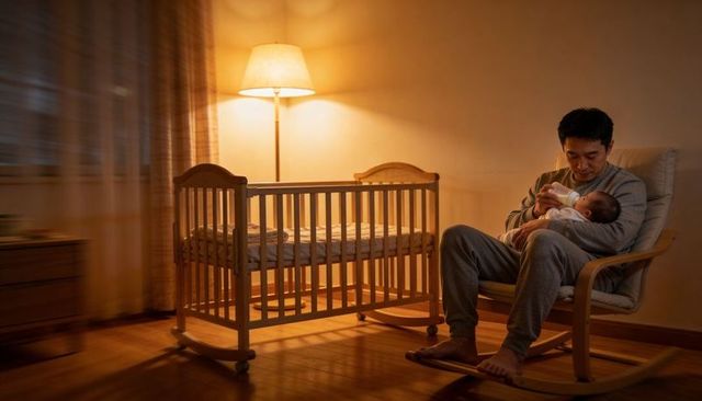 Father bottle-feeding newborn on rocking chair in warm nursery at bedtime, gentle bonding