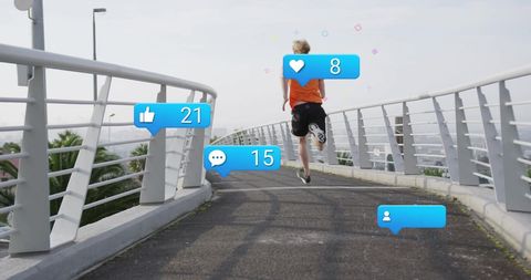 Man Running on Bridge Surrounded by Social Media Notification Icons - Download Free Stock Images Pikwizard.com