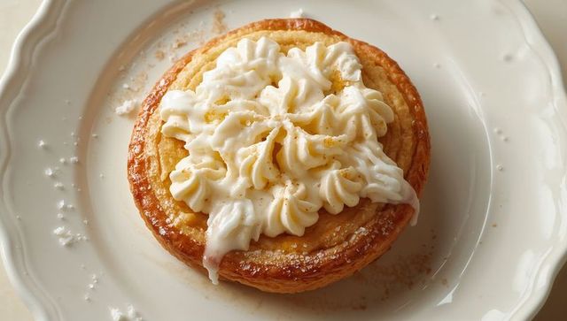 Golden custard danish piped cream rosettes on scalloped white plate glazed puff pastry