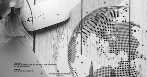 Monochrome tech workspace with halftone globe overlay, mouse, laptop, notebook, code, desk
