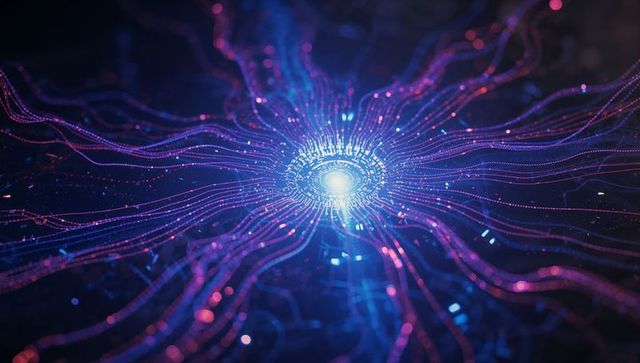 Glowing digital core with neon data streams