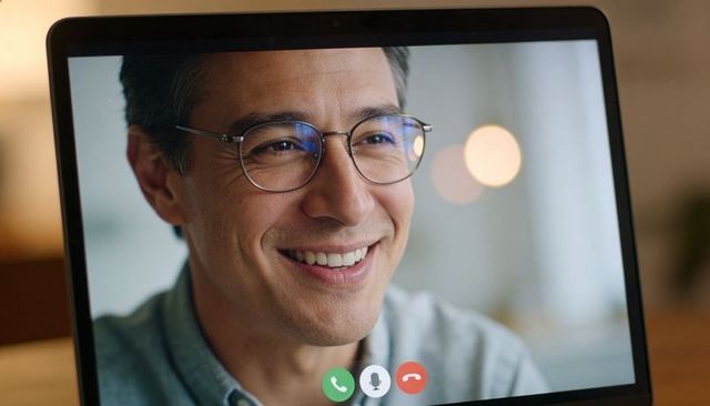 Smiling man on video call wearing thin glasses and collared shirt, remote work close-up