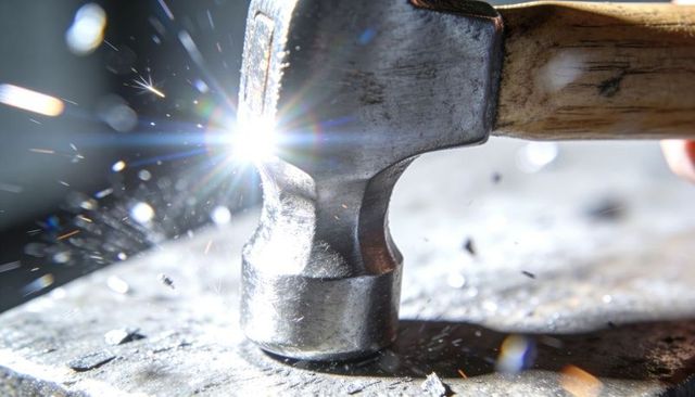 Sparking hammer striking metal bench with flying shavings and intense light flare