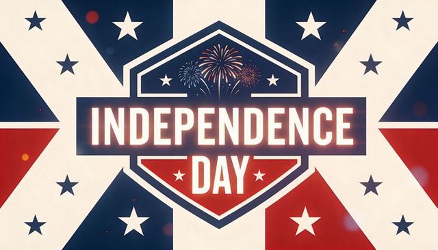 Independence day badge with fireworks, vintage red white blue shield crest, geometric
