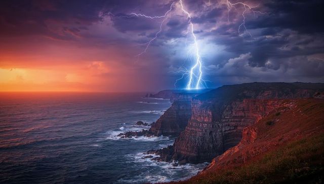 Dramatic lightning over coastal cliffs at dusk