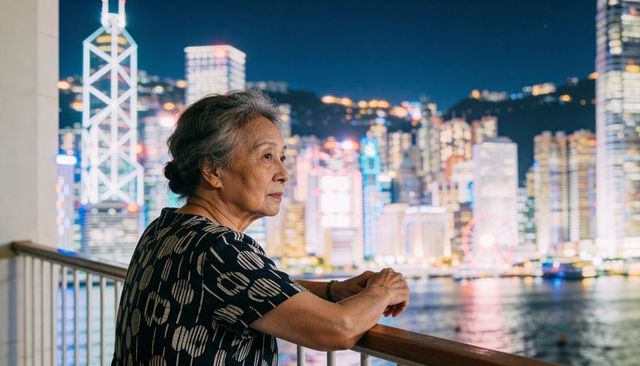 Gazing asian woman leaning on harbor railing with neon city skyline and water reflections