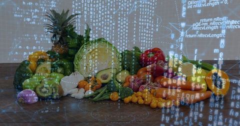 Colorful fresh produce array with holographic code projection for food tech concept