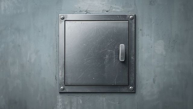 Worn metal access panel with bolted frame and vertical latch on weathered concrete wall