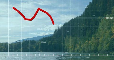 Displaying conifer ridge lakeshore with grid overlay and red trend line for data analytics