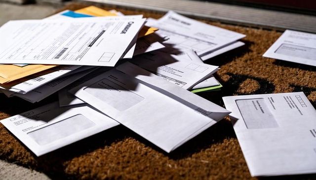 Sunlit doorstep pile of window envelopes and manila mail with printed bills and barcodes