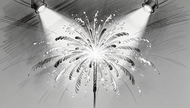 Sparking palm fountain firework radiating feathery sparks under stage spotlights and smoke