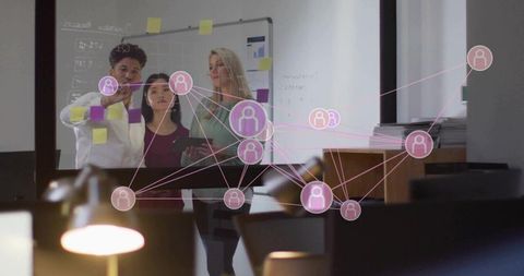 Team Collaborating in Modern Office with Network Connections Overlay