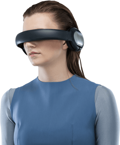 Woman experiencing virtual reality with transparent headset