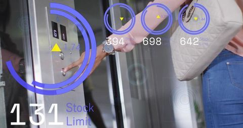Woman pressing elevator button with augmented reality hud showing stock data interface