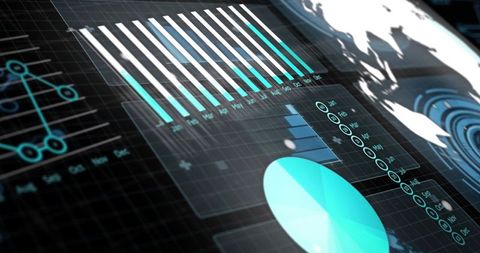 Holographic data dashboard with neon teal charts and 3d globe for futuristic analytics