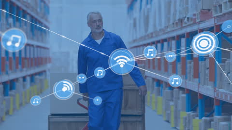 Digital Network Illustration in Warehouse with Worker