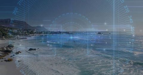 Futuristic HUD Display on Coastal Panorama for Navigation Technology