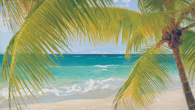 Tropical oasis with palm fronds by the ocean