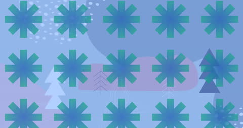 Abstract Greens and Christmas Trees Pattern on Blue Backdrop