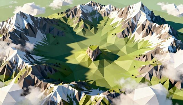 Low-poly alpine caldera basin featuring central mesa, polygonal mountains, sunrise shadows