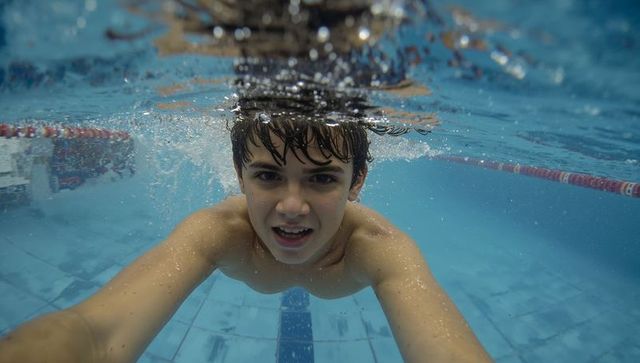Underwater Teenage Swimmer Reaching Camera with Bubbles and Lane Rope Dynamic Perspective