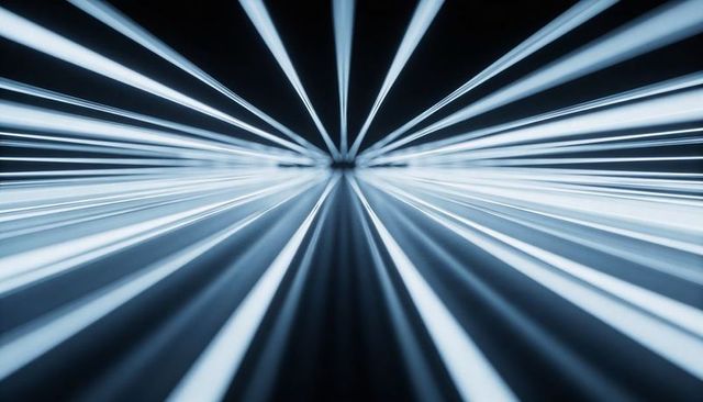 Converging blue-white light beams creating futuristic vanishing point perspective