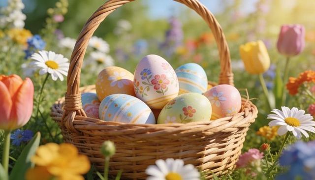 Wicker basket holding pastel easter eggs in sunlit spring meadow with daisies and tulips