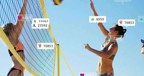 Beach volleyball spiking and blocking action with social media overlay and copy space