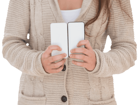 Woman displaying two transparent smartphones midsection