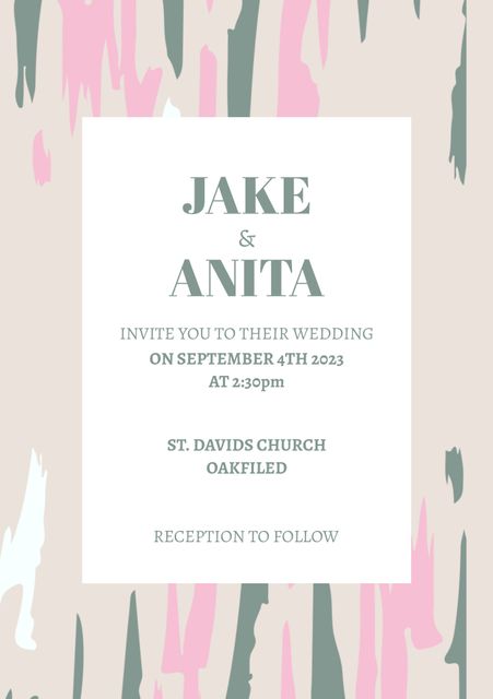 Elegant wedding invitation featuring pastel background with abstract pink, green, and beige design. Ideal for modern and minimalist wedding announcements. Highlights names of couple, date, time, location, and reception details. Perfect for digital or printable wedding invites, reception cards, and save-the-dates.