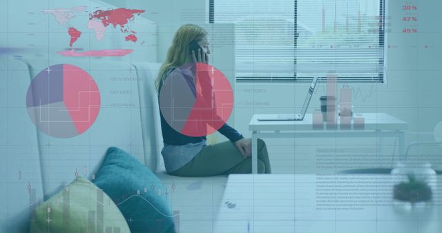 Businesswoman in Modern Office Analyzing Data on Laptop with Graphs Overlaid - Download Free Stock Images Pikwizard.com