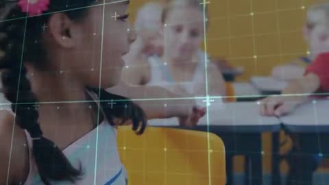 Schoolchildren Engaged in Educational Activity with Digital Layer