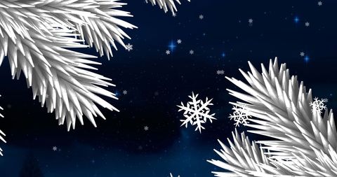 Wintry Night Scene with Christmas Tree and Snowflakes
