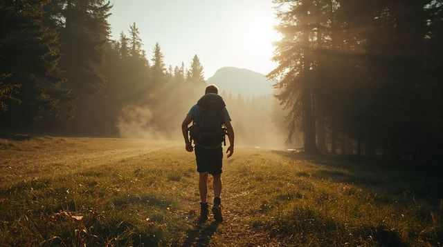Solo hiker walking through misty meadow at golden hour, backpack and mountain silhouette