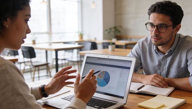 Business casual colleagues analyzing pie chart on laptop during collaborative cafe meeting