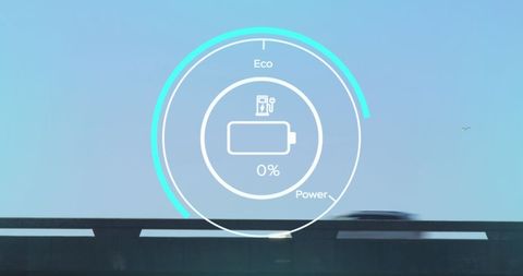 Futuristic digital battery icon overlay on clear sky with highway