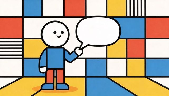 Round-headed character pointing at blank speech bubble on colorful grid backdrop
