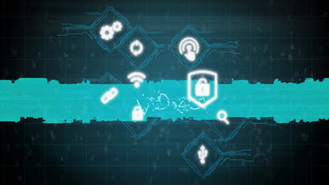 Cybersecurity Icons and Data Encryption Over Digital Interface