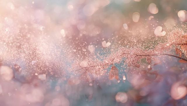 Glistening pink blossom branch with dew drops and dreamy bokeh light