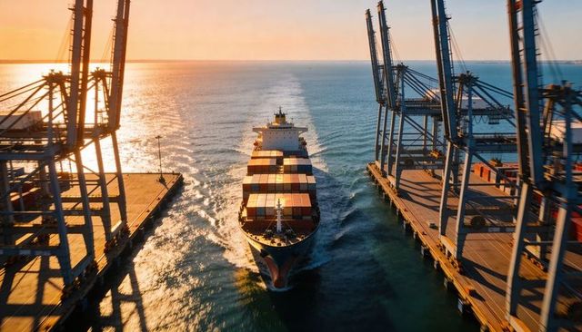 Container ship sailing through port channel at golden hour between gantry cranes