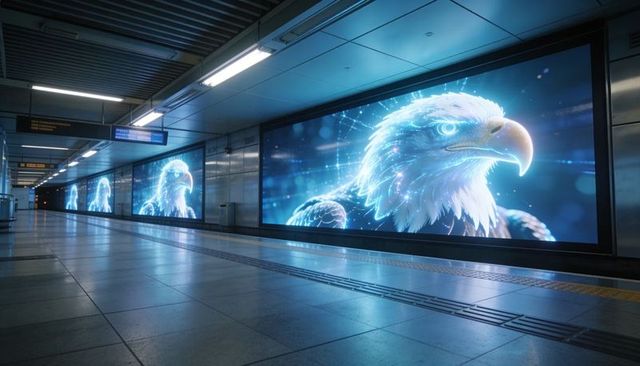 Glowing neon eagle billboard lighting empty metro platform with futuristic blue displays